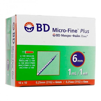 Шприц інсуліновий BD Micro-Fine Plus U-100, розмір 31G, 0.25*6 мм, 1 мл (100 шт)