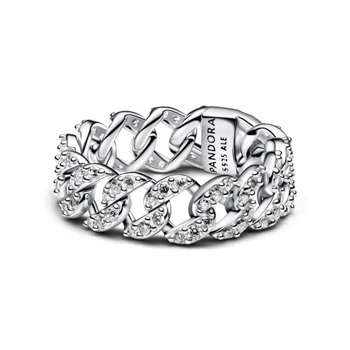 Серебряное кольцо Pandora Кубинское плетение с паве 193557C01 60