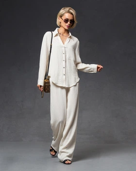 Жіночий лляний костюм з сорочкою та штанами Viva-Wear ДЮНА XL молочний 334