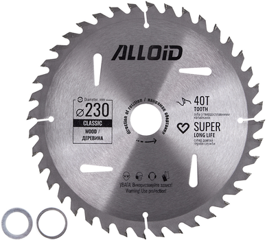 Диск пильный по дереву Alloid 230х30/25.4/22.2 мм 40 зубов с твердосплавными напайками (WS-23040)