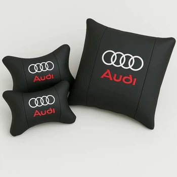 Комплект подушек в авто для поясницы и подголовника с логотипом AUDI красная надпись
