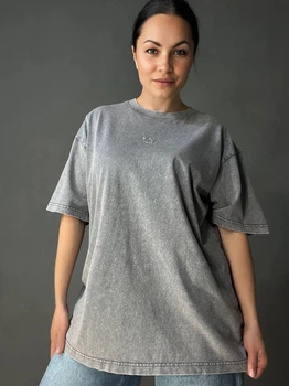 Футболка женская A-N 26089 тай-дай оверсайз с камнями буква B one size серая