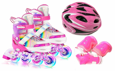 Роликовые коньки раздвижные Inline Skates PU свет размер 27-30 стелька 17-20 см с шлемом и защитой Pink (4854757447)