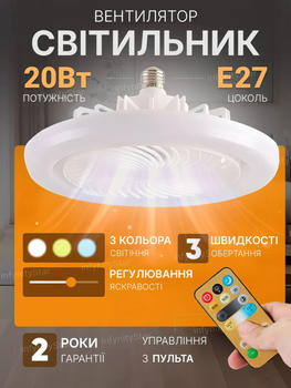 Светодиодная led лампа вентилятор люстра на потолок под стандартный патрон E27 светодиодний светильник с потолочным вентилятором и пультом 20w белая