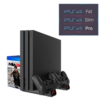 Мультифункциональная вертикальная подставка DOBE для Sony PlayStation PS4 PRO / PS4 Slim / PS4 Fat с охлаждающими кулерами / зарядная станция для двух геймпадов DualShock 4 с LED подсветкой / подставка под 10 дисков