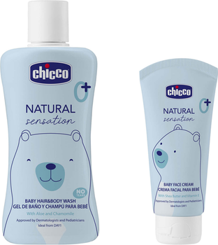 Набор для тела и волос Chicco Natural Sensation Гель-шампунь Без слез с алоэ и ромашкой 200 мл + Крем для лица с маслом ши и рисовым маслом 50 мл (11530.00/11521.00)