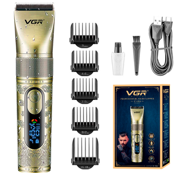 Аккумуляторная стрижка VGR V-659 с LED дисплеем |5 насадок, 6500–7500 RPM| Золотой