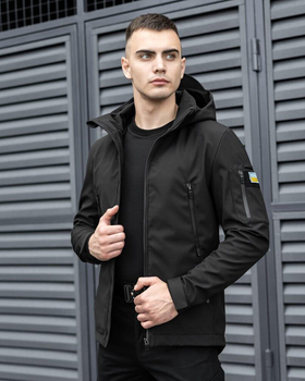 Куртка Pobedov Motive SoftShell з липучками під шеврони + ПОДАРУНОК шеврони прапор України чорна розмір 3XL
