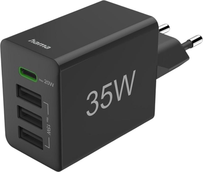 Зарядний пристрій Hama Fast Charger 1x USB-C PD, 3x USB-A 35W Black (4047443528308)
