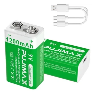 Акумуляторні батареї Крона 6F22 з USB TYPE-C 9V Pujimax Li-Ion, 1200mAh (2 шт + кабель) (16214-2b)