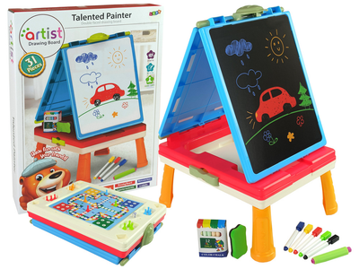 Stolik - tablica dwustronna do rysowania LEAN Toys 3w1, Niebieski, kreda, pisaki i gra (5904204754231)