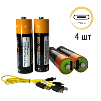 Батарейки AA аккумуляторные Znter с разъемом USB Type-C на 1.5V/3000mWh - 4 ШТ.