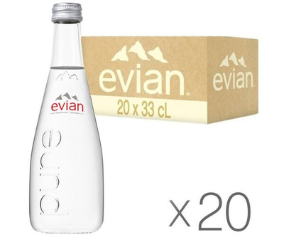 Упаковка мінеральної негазованої води Evian скло 20 шт. х 0,33 л