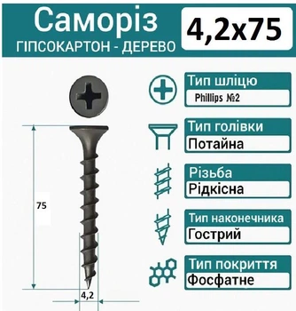 Саморез по дереву 4,2×75 мм, чёрный, фосфатированный, 250 шт