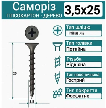Саморез-шуруп по дереву 3,5×25 мм чёрный, 1000 шт