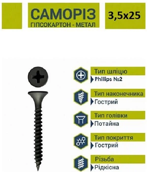 Саморез-шуруп 3,5х25 мм по металлу, чёрный, фосфатированный (500 шт.)