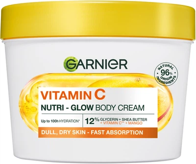 Зволожувальний крем Garnier Vitamin C Nutri-Glow з вітаміном С та ароматом манго з ефектом сяяння для тьмяної сухої шкіри тіла, рук та ніг 380 мл (3600542546096)