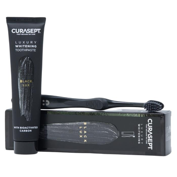 Зубна паста CURASEPT LUXURY WHITENING BLACK відбілююча ремінералізуюча з перекисом карбаміду 75 мл+зубна щітка 75 мл