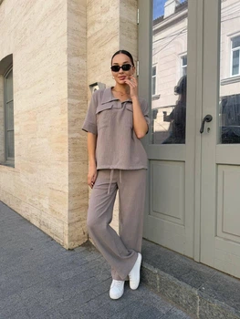 Костюм жіночий кофта та брюки льон жниварка K&ML 576 XS - S ( 42 - 44 ) Темно - бежевий ( 576 - 01 )