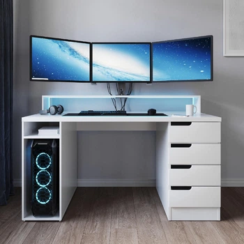 Стіл комп'ютерний ігровий Майнкрафт Upgrade із підсвічуванням RGB Білий L=1600мм (арт.SKRZ1000-143)