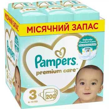 Підгузки Pampers Premium Care 3 (6-10 кг), 200 шт, комплект на місяць