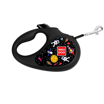 Поводок-рулетка для собак WAUDOG R-leash, рисунок "NASA", S, до 15 кг, 5 м, светоотражающая черная лента