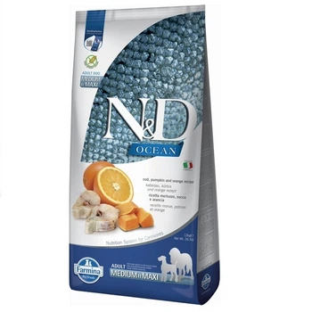 Фармина сухой корм для собак N&D GRAIN FREE OCEAN COD, PUMPKIN & ORANGE ADULT MEDIUM & MAXI с треской и апельсином, 12 кг