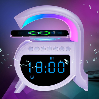 Беспроводной светильник Bluetooth колонка G Smart Light Sound Machine, аккумуляторный RGB ночник с беспроводной зарядкой, часами и будильником Белый SLM-61-White