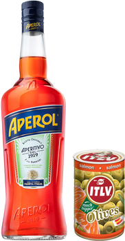 Аперитив Aperol Aperetivo 1 л 11% + Оливки зеленые фаршированные лососем ITLV 314 мл (8002230000012+1410179002828P)