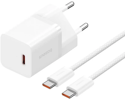 Зарядний пристрій Baseus GaN5 Fast Charger 1C 30W EU + Data Cable Type-C to Typ-C 100W Moon White (P10110902213-00)