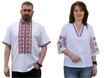 Парные вышиванки женская и мужская Оберег летние 12658020411 лен (М)88-92 белые с красно-черным орнаментом (1265820411192)