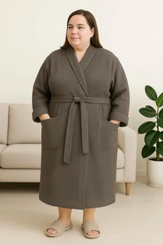 Вафельный женский халат унисекс COSY "Объятия" шаль Big size, 3XL темно-серый 924/1