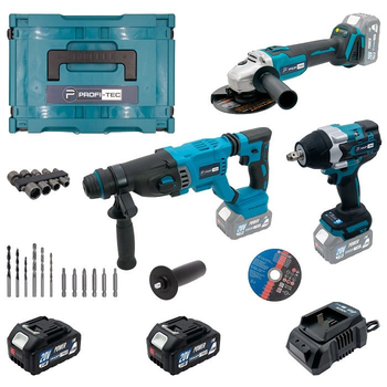 Акумуляторний набір із 3х інструментів PROFI-TEC POWERLine 20V Combo Set 3/5 POWERLine (PBH201BL, DTW800BL, DGA20BL) (2 х PT2040MP (4.0 Aг), зарядний пристрій BC20V, кейс) + в наборі 2 диска, 4 головки: 13 / 17 / 19 / 21 мм (005934)