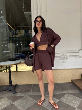 Жіночий літній костюм трійка (топ+кофта+шорти) Uaclothes 42-44 Коричневий (like33427-136391349)