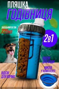 Подвійна пляшка годівниця для тварин напувалка для води та корму 2в1 похідна миска в комплекті BRS Blue