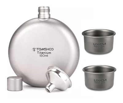 Фляга титановая для алкогольных крепких напитков Tomshoo titanium 150 мл с титановыми рюмками Lixada 2 шт по 35 мл воронка и чехол