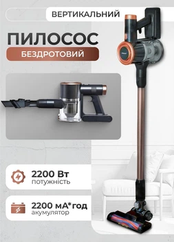 Пылесос вертикальный беспроводной аккумуляторный 2в1 2200 Вт LED подсветка HEPA циклонный до 60 минут работы 1 л пылесборник ручной для дома и авто Sokany