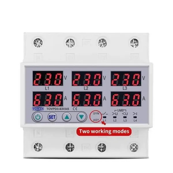 Трифазне реле напруги TOMZN 63А 3Р+N TOVPD3-63VA 220V із захистом від перевантаження по струму на din рейку