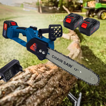 Пила цепная аккумуляторная 12 дюймов с 2 аккумуляторами 48V Domotec Chain Saw, электрическая беспроводная минипила для обрезки деревьев, резка веток и дров, садовая пилка с полуавтоматической смазкой цепи Синяя FG-97