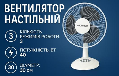 Вентилятор настільний Grunhelm GFT-3011 30 см, 40 Вт, 3 швидкості, біло-сірий