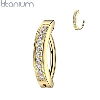 Серьга кликер из титана Spikes RHTN02-1410-GD для пирсинга в пупок с фианитами (Штанга: 10мм)