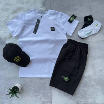 Костюм чоловічий літо шорти кепка футболка і 2 пари носків Stone Island L білий