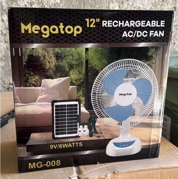 Портативный вентилятор Megatop MG008 (12", солнечная панель, 2 LED лампы, 2 скорости, автовращение, 6 Вт, USB для работы, квартиры, дома, комнаты, дачи, помещения
