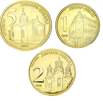 Набор монет Сербия набор из 3 монет 2014-2016 UNC 1, 2, 5 динаров