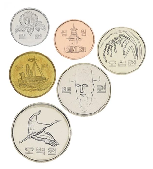 Набор монет Южная Корея набор из 6 монет 1983-2016 UNC 1, 5, 10, 50, 100, 500 вон