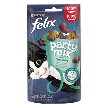 Ласощі Purina Felix Party Mix Ocean mix Ласощі для дорослих котів зі смаком лосося, форелі та мінтаю 60 г (7613287631435)A