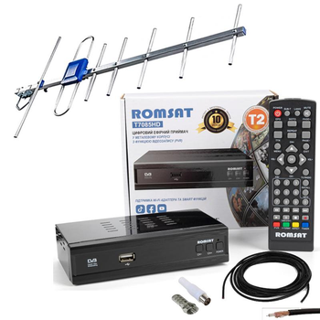 Комплект Т2 : Тюнер Romsat T7085HD ,антена зовнішня активна Eurosky Фаворит (з підсилювачем) + кабель 10м + штекери (пара)