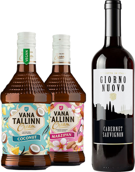 Ликеры Vana Tallinn Coconut 0.5 л 16% и Vana Tallinn Marzipan 0.5 л 16% + Вино Giorno Nuovo Cabernet Sauvignon красное сухое 0.75 л 12% (4740054001054+8059916710444)