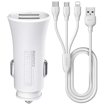 Автомобильное зарядное устройство Remax RCC-217 2.4A 2*USB + 3-in-1 кабель (Lightning/microUSB/Type-C) white