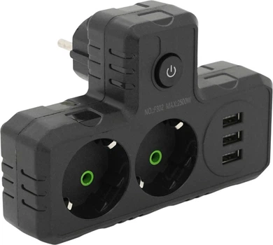 Сетевой разветвитель Voltronic F302-Black тройник Т-образный с заземлением 2 розетки + 3 USB 1А, 2500W, 10A, 110-250V Max, Blister (YT38183)